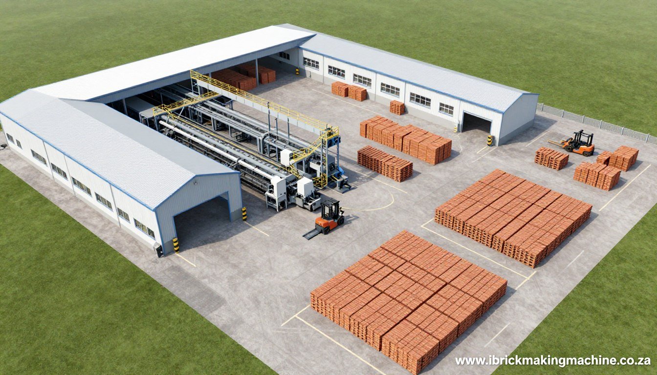Aerial view of brick making factory layout showing machine placement, storage areas, and curing yard Aerial view of brick making factory layout showing machine placement, storage areas, and curing yard