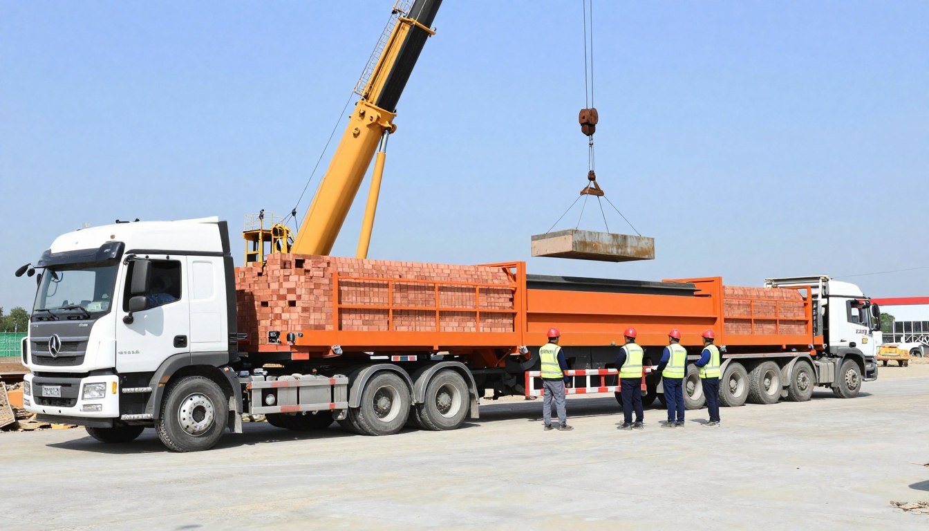 Brick making machine being delivered to construction site Brick making machine being delivered to construction site