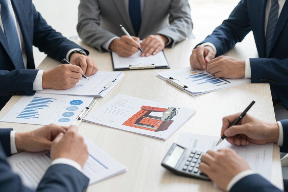 Business planning meeting discussing brick making machine investment with financial documents
