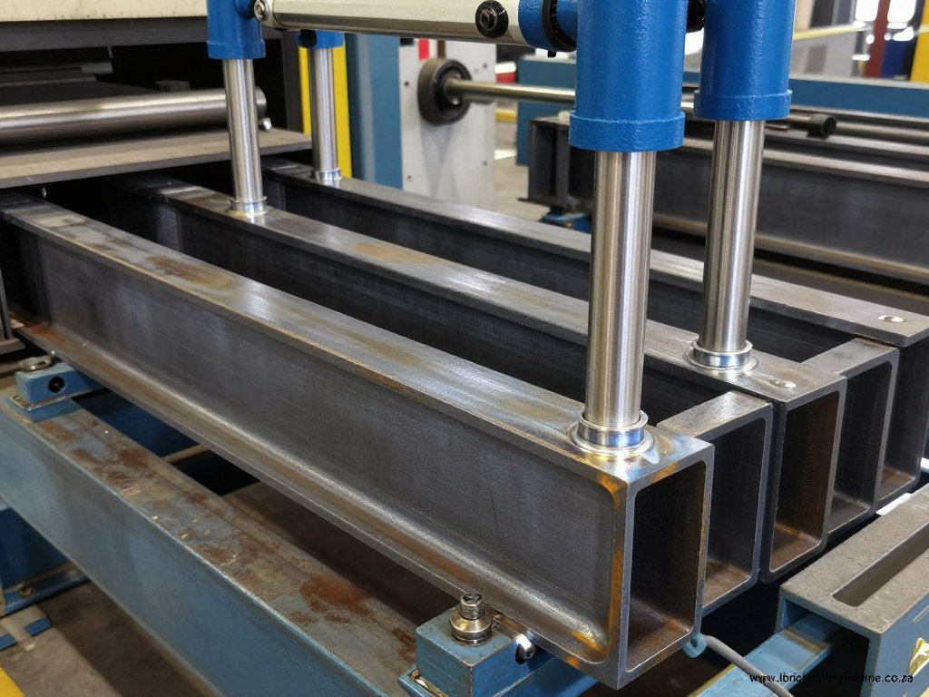 Close-up of brick machine hydraulic system and steel frame