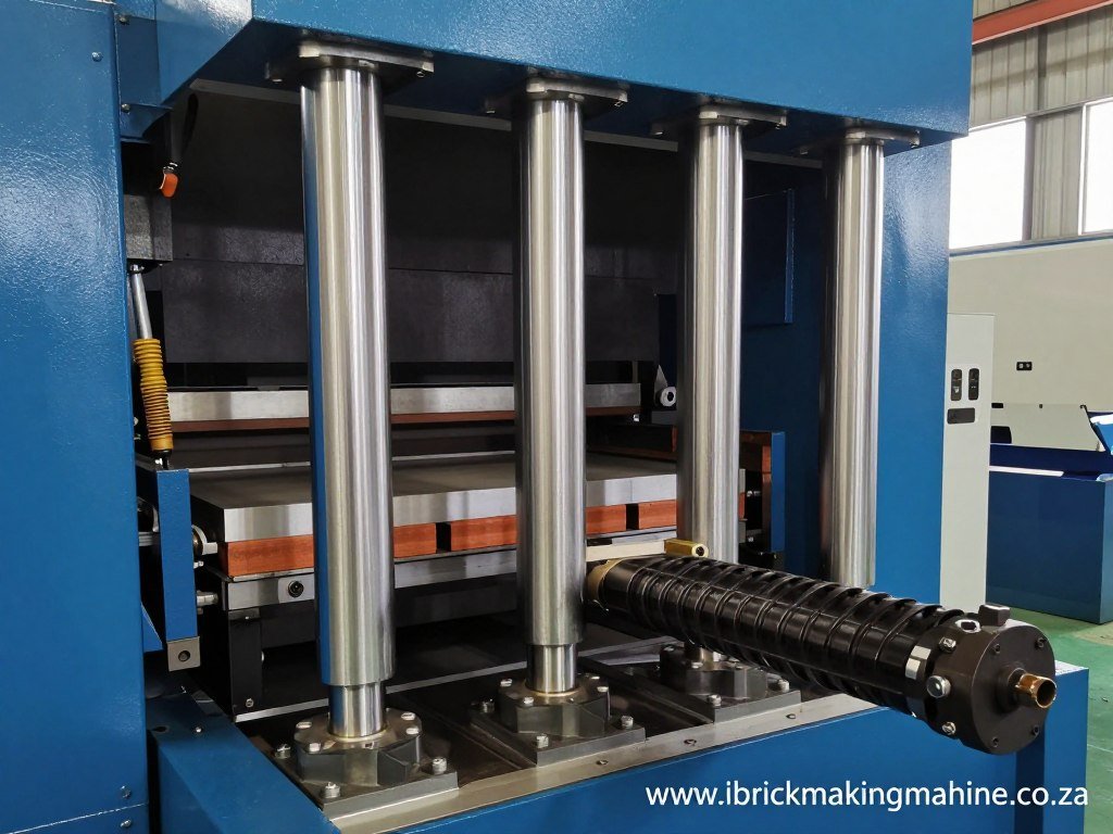 Close-up of brick machine hydraulic system showing guide pillars and vibrating components Close-up of brick machine hydraulic system showing guide pillars and vibrating components