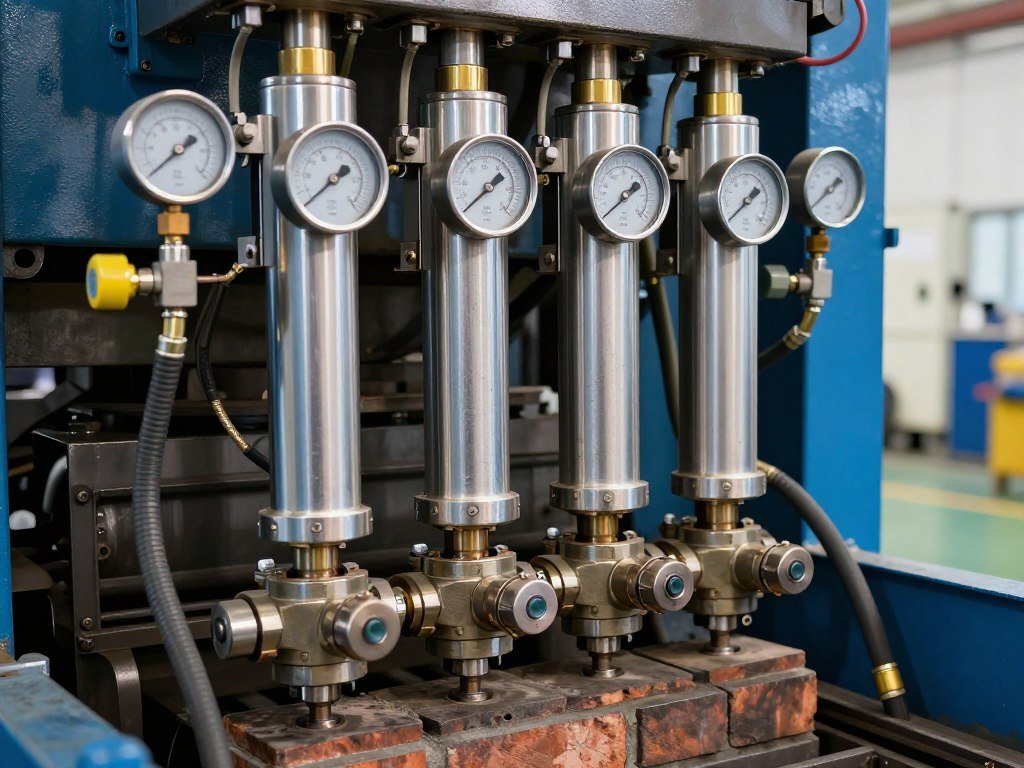 Close-up of brick making machine hydraulic system showing pressure gauges and control valves