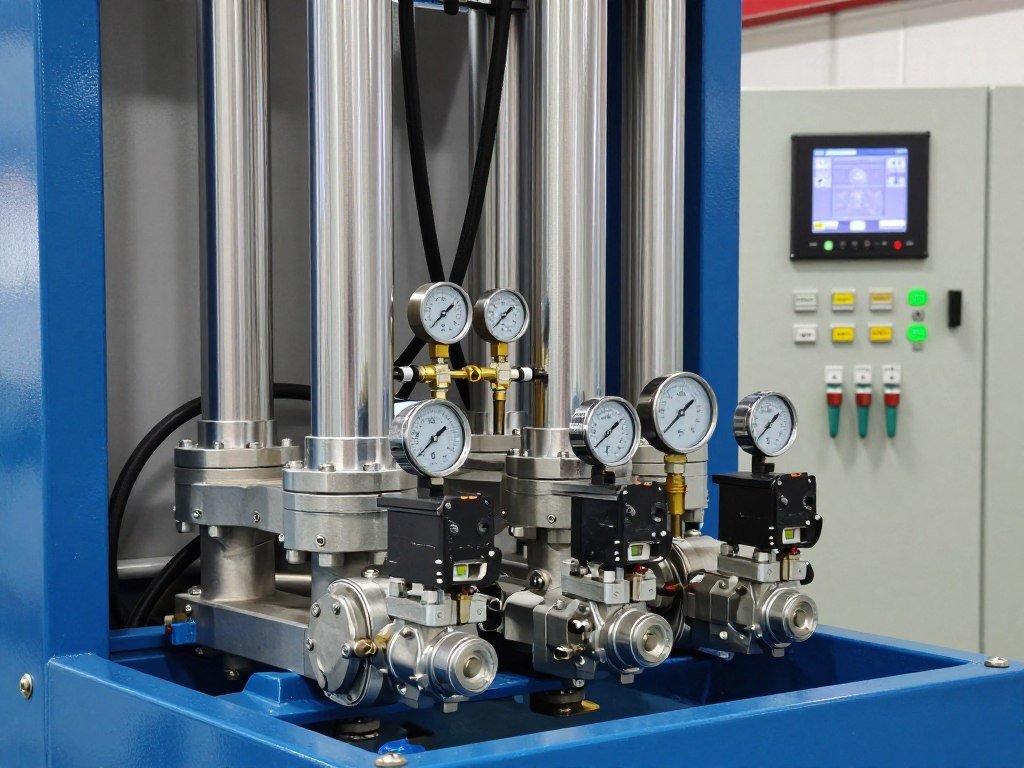 Close-up view of hydraulic system and control panel on paving brick making machine