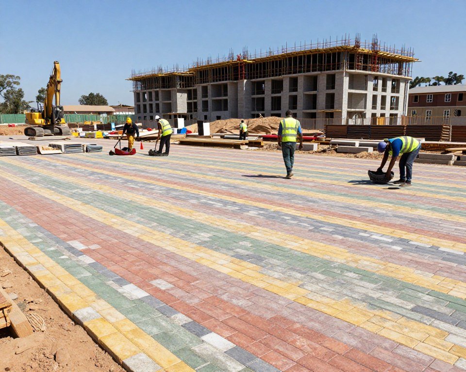 Construction site in South Africa showing extensive paving brick installation
