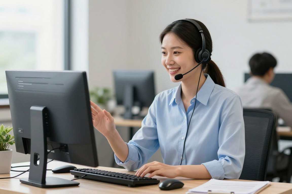 Customer service representative assisting client with brick making machine questions