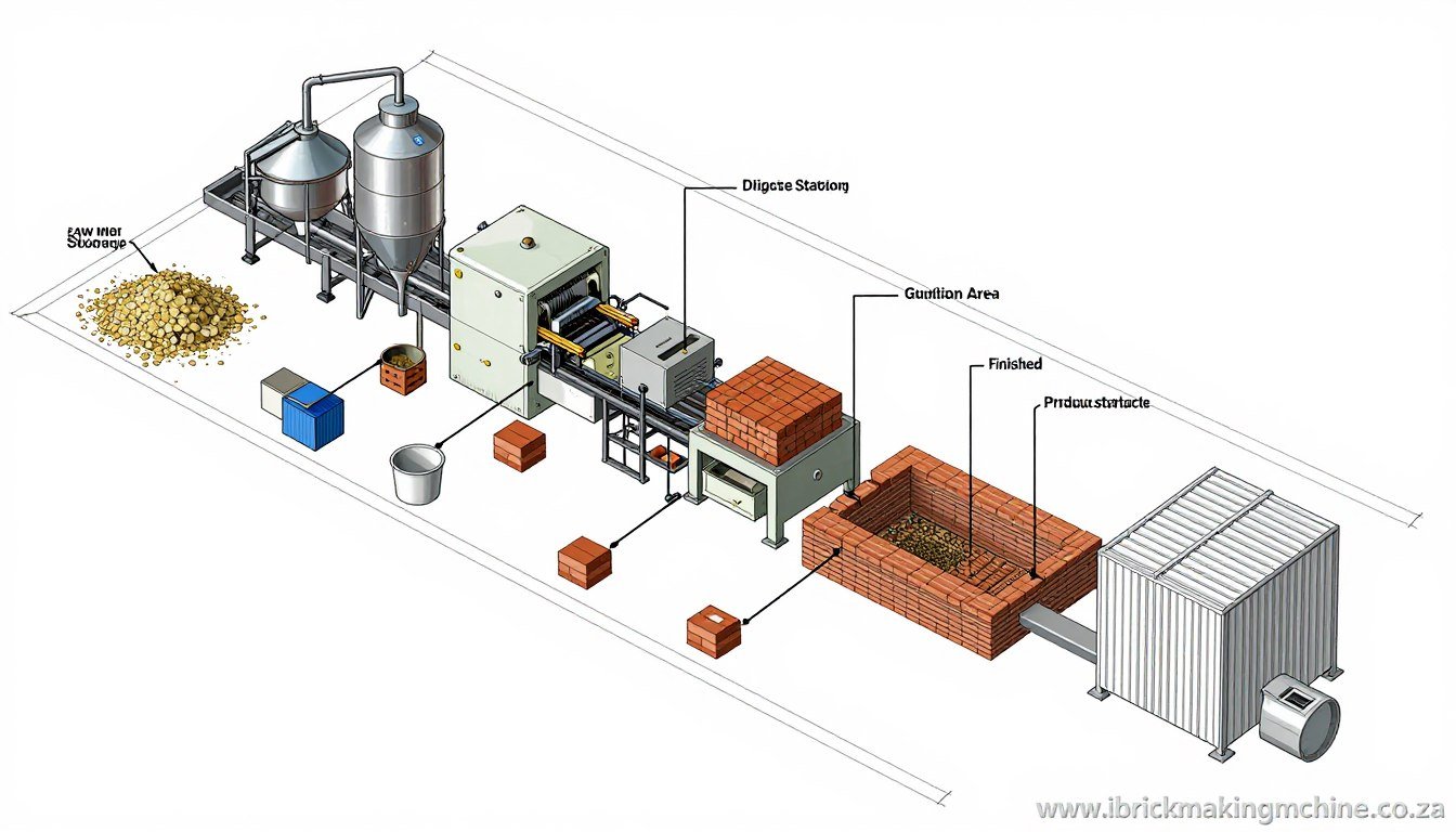Diagram showing complete brick manufacturing production line layout