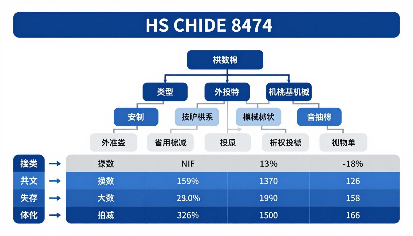 HS code classification diagram for brick making machinery showing heading 8474 breakdown