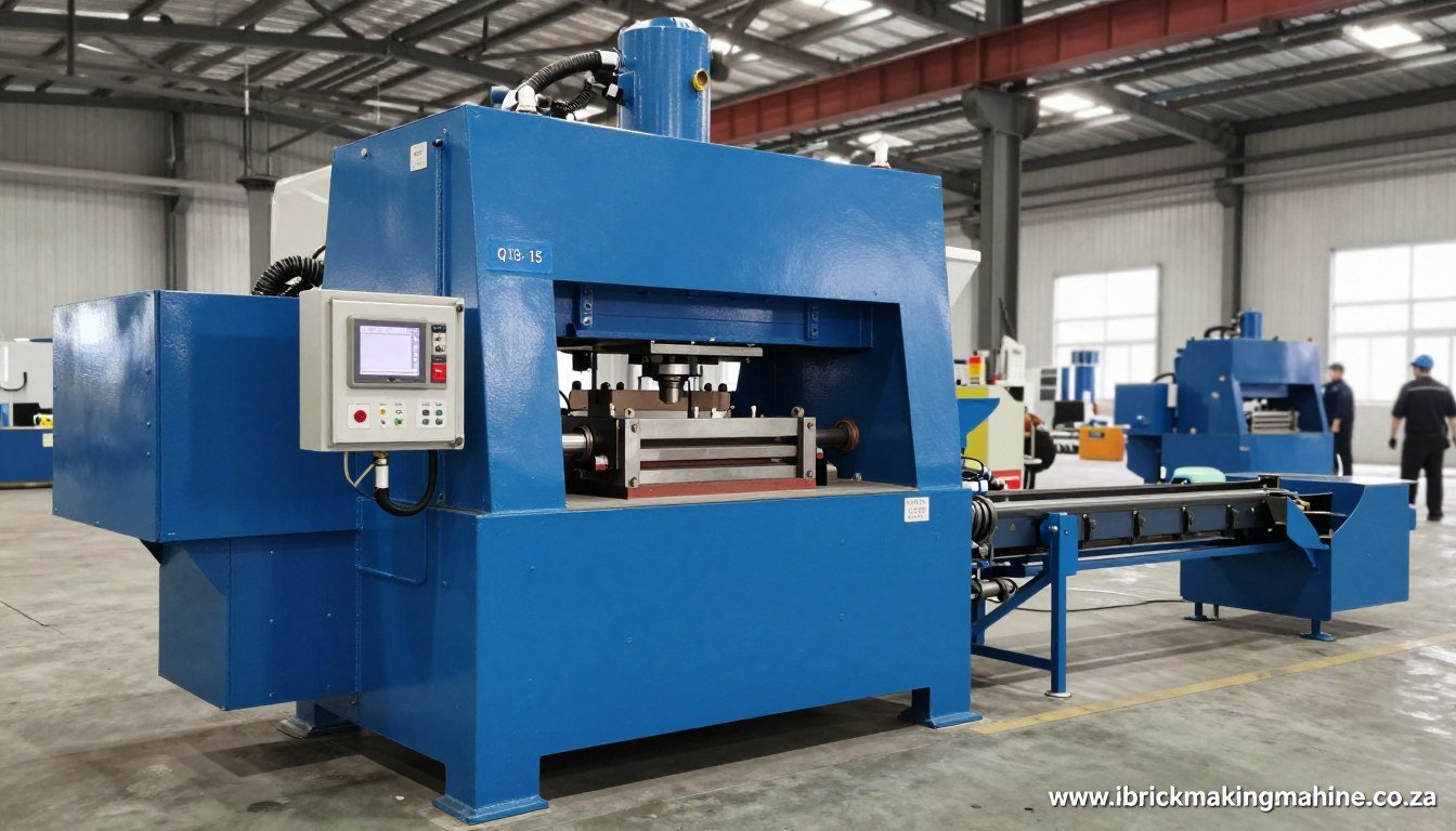 MAIKONG QT8-15 automatic brick making machine in factory showing complete production line setup MAIKONG QT8-15 automatic brick making machine in factory showing complete production line setup