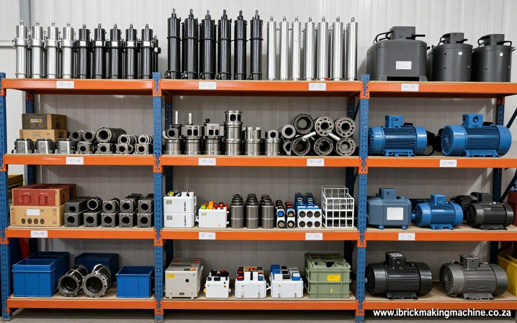 Organized spare parts inventory showing hydraulic components, molds, and electrical parts Organized spare parts inventory showing hydraulic components, molds, and electrical parts