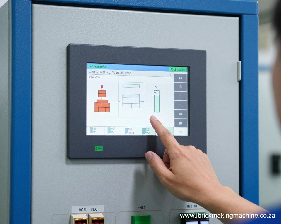 PLC control panel interface of brick making machine showing touch screen and control buttons PLC control panel interface of brick making machine showing touch screen and control buttons