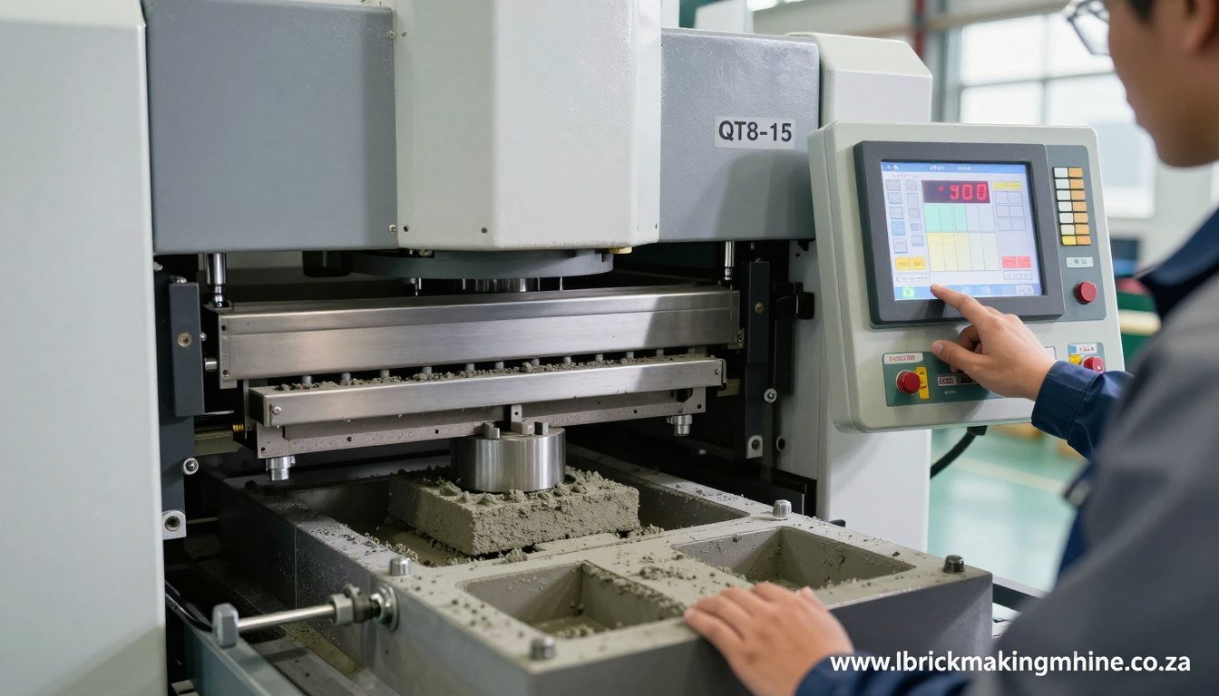 QT8-15 brick making machine showing control panel and production cycle