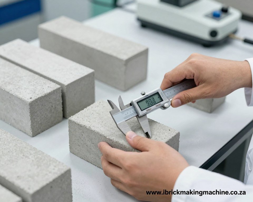 Quality control technician measuring finished concrete blocks with calipers Quality control technician measuring finished concrete blocks with calipers