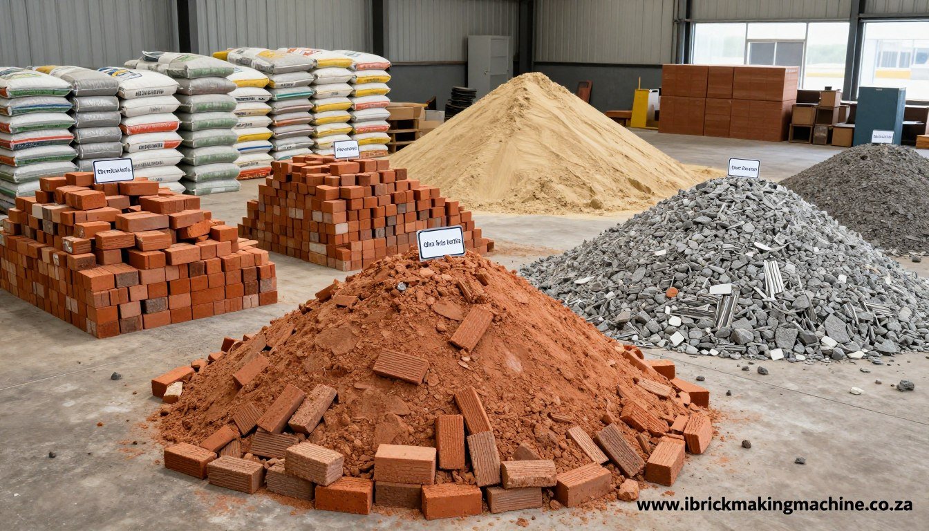 Raw materials for brick making including cement bags, sand pile, and crushed stone aggregate Raw materials for brick making including cement bags, sand pile, and crushed stone aggregate