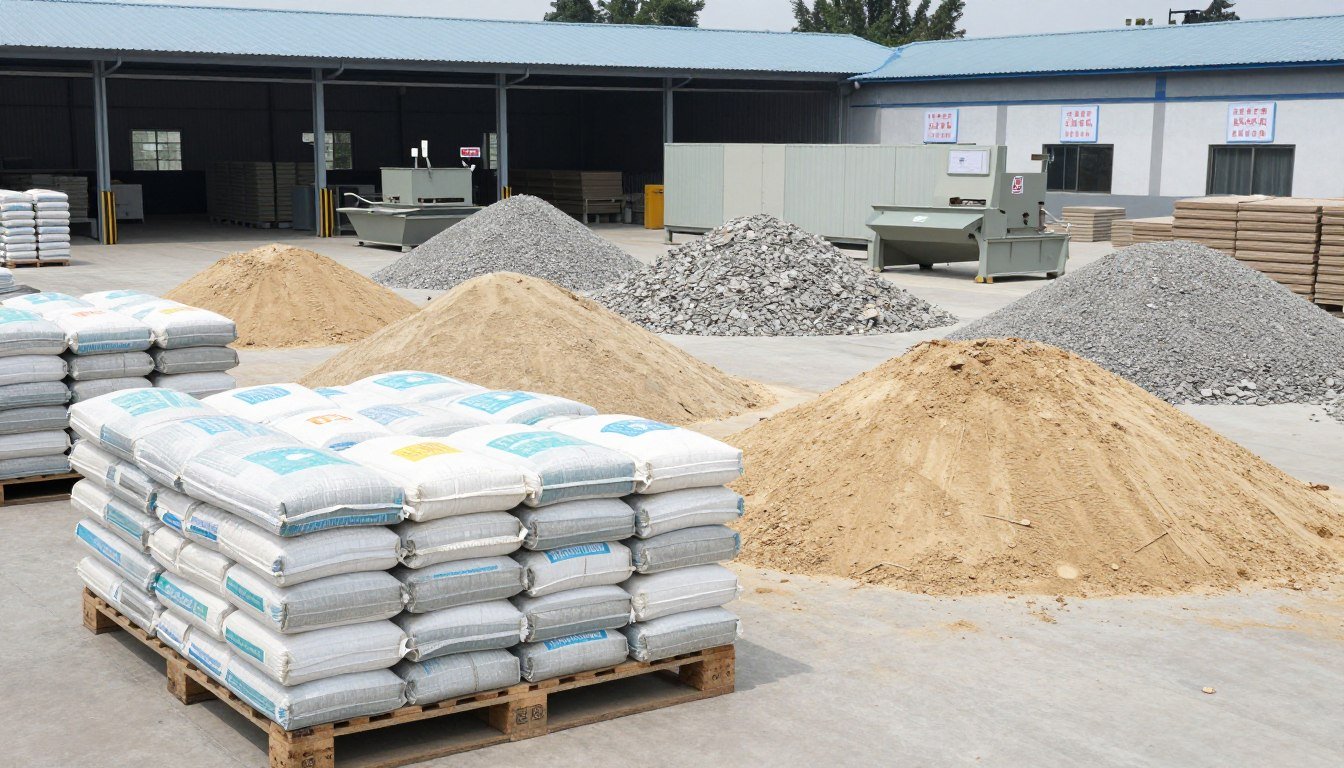 Raw materials for brick making including cement, sand, and aggregates in organized storage
