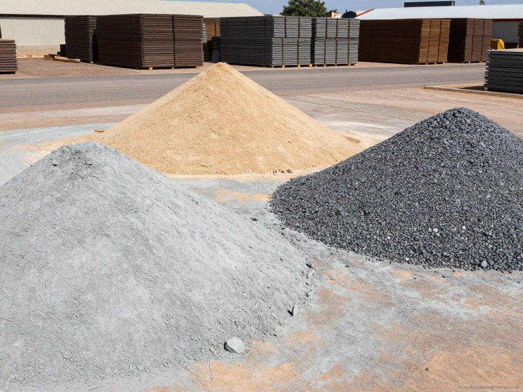 Raw materials for brick manufacturing including cement, sand, and aggregates