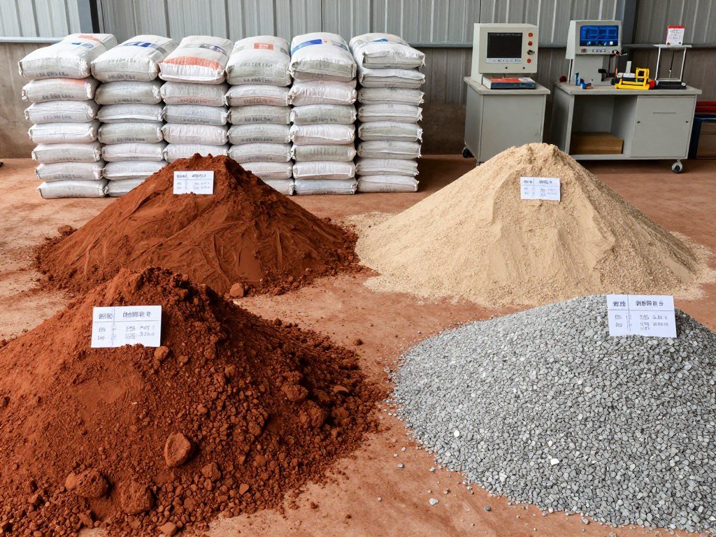 Raw materials for brick production including clay, cement, sand, and aggregates displayed with material specifications