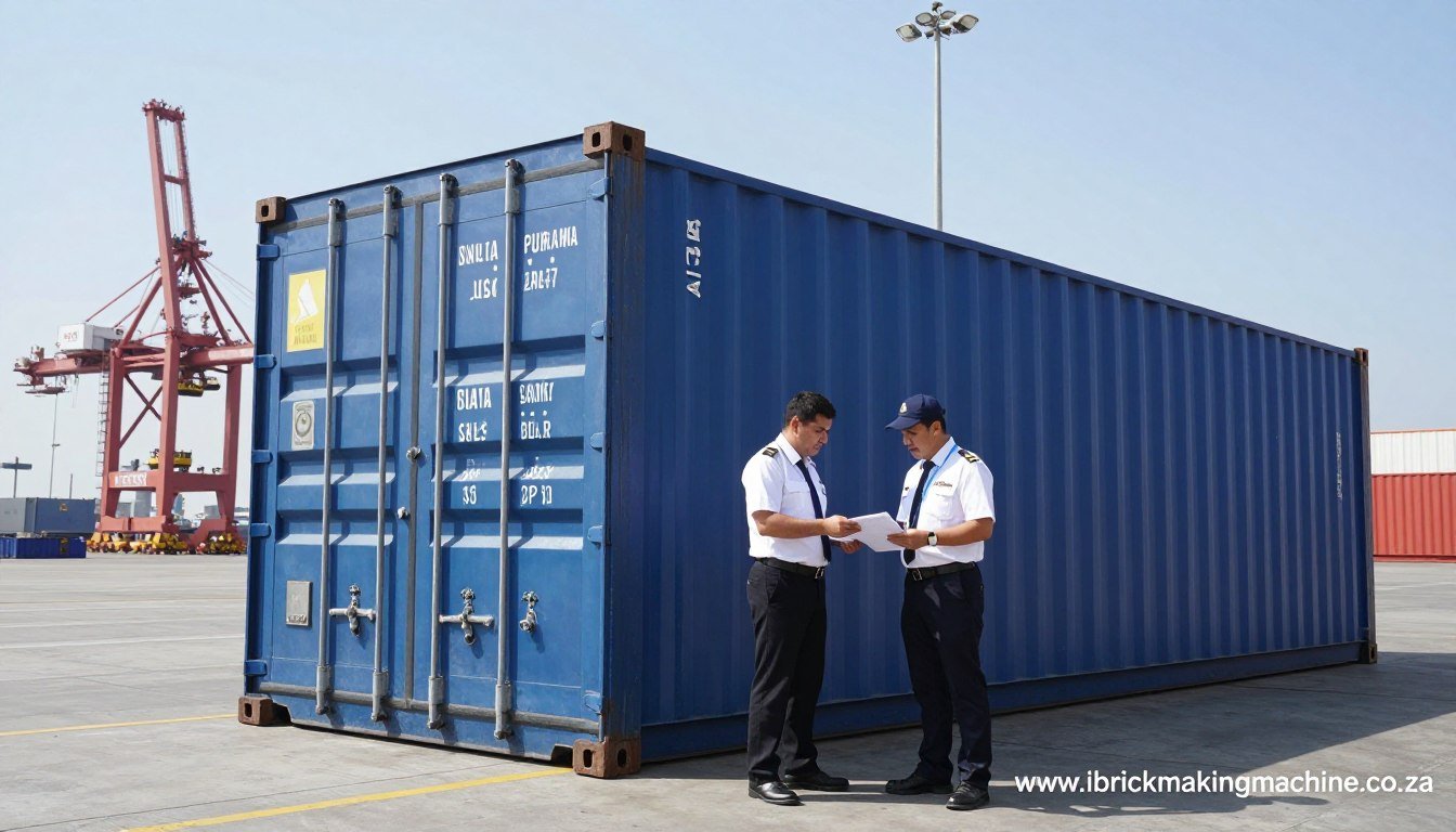 Shipping container being inspected at South African port by customs officials Shipping container being inspected at South African port by customs officials