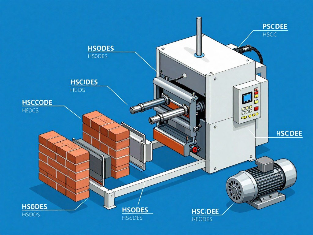 Spare parts layout for brick making machine showing molds, hydraulic components, and electrical systems with HS code labels Spare parts layout for brick making machine showing molds, hydraulic components, and electrical systems with HS code labels