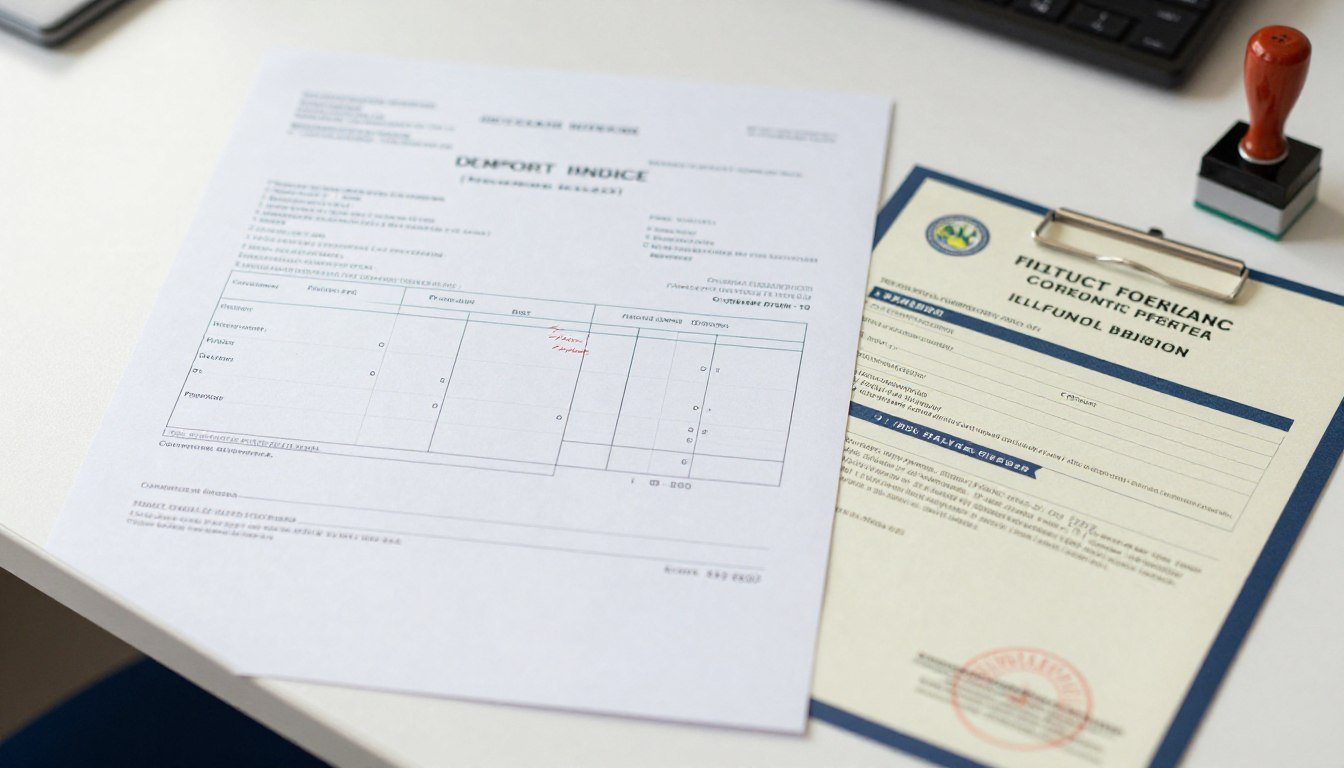 Stack of import documentation including commercial invoice, packing list, and certificates for machinery import Stack of import documentation including commercial invoice, packing list, and certificates for machinery import