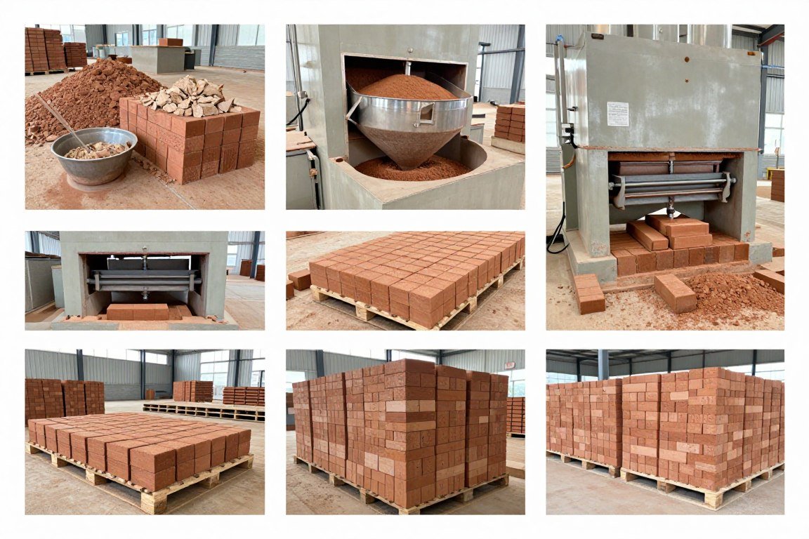 Step-by-step brick making process from raw materials to finished cured bricks