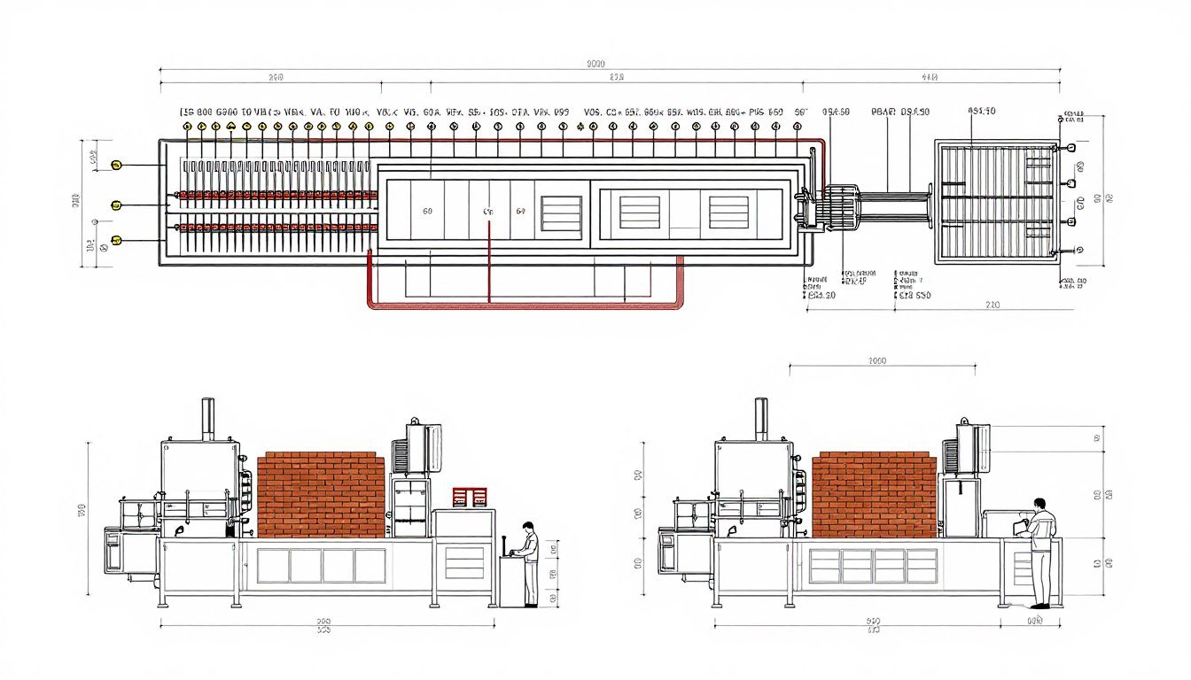 Technical diagram showing MAIKONG brick machine installation requirements including electrical, water, and space specifications