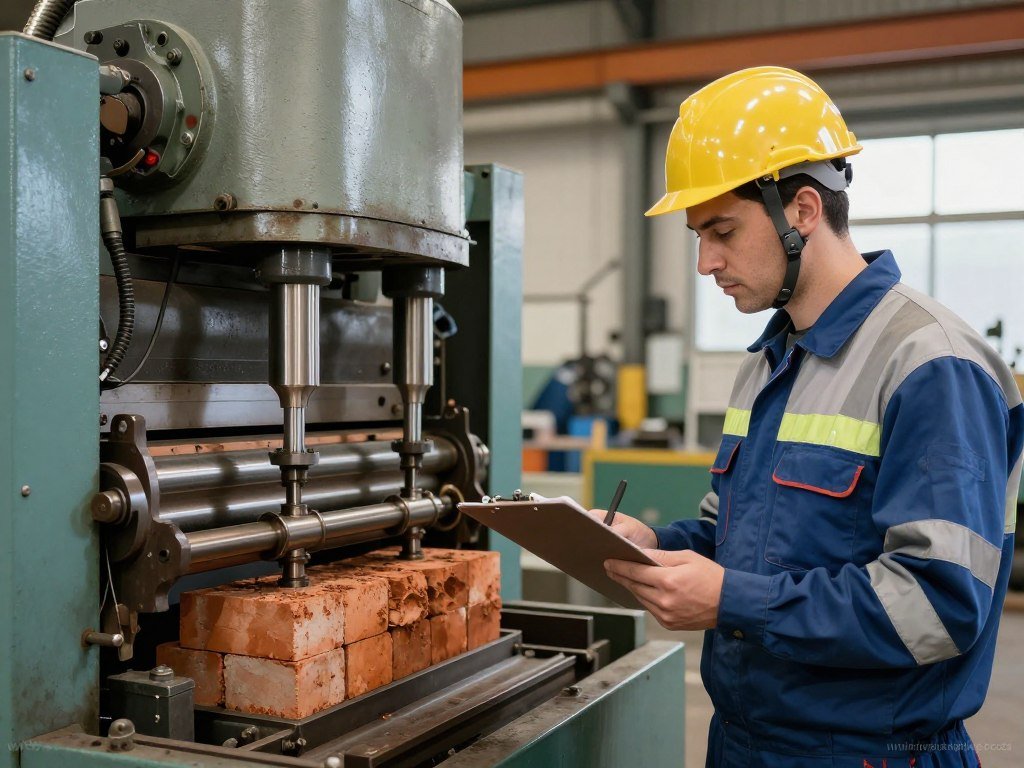 Technician inspecting hydraulic system of used brick machine Technician inspecting hydraulic system of used brick machine