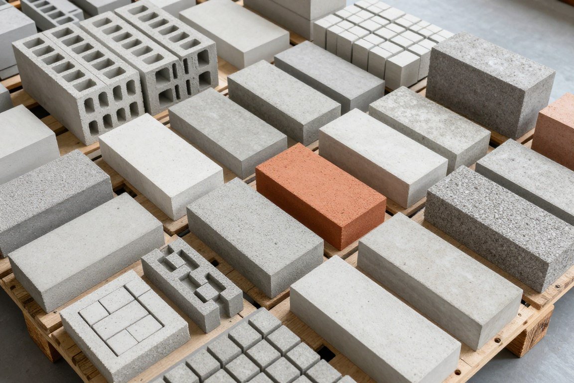 Variety of brick and block types produced by brick making machines including hollow blocks, pavers, and solid bricks