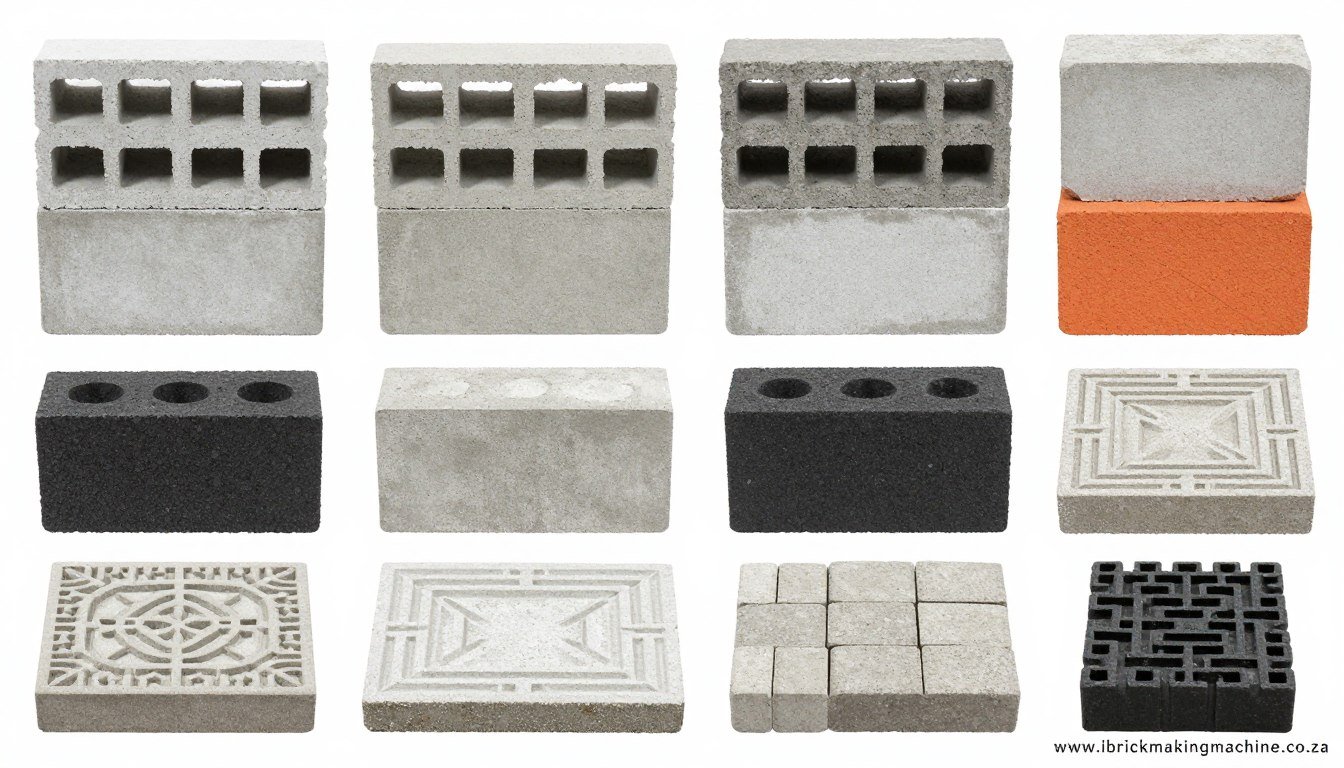 Various brick and block types produced by single machine with different molds