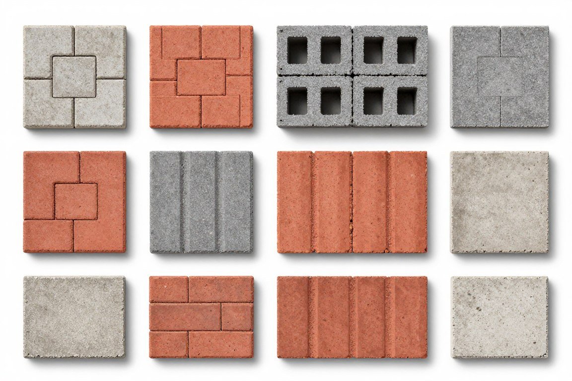 Various types of paving bricks including interlocking pavers hollow blocks and curbstones